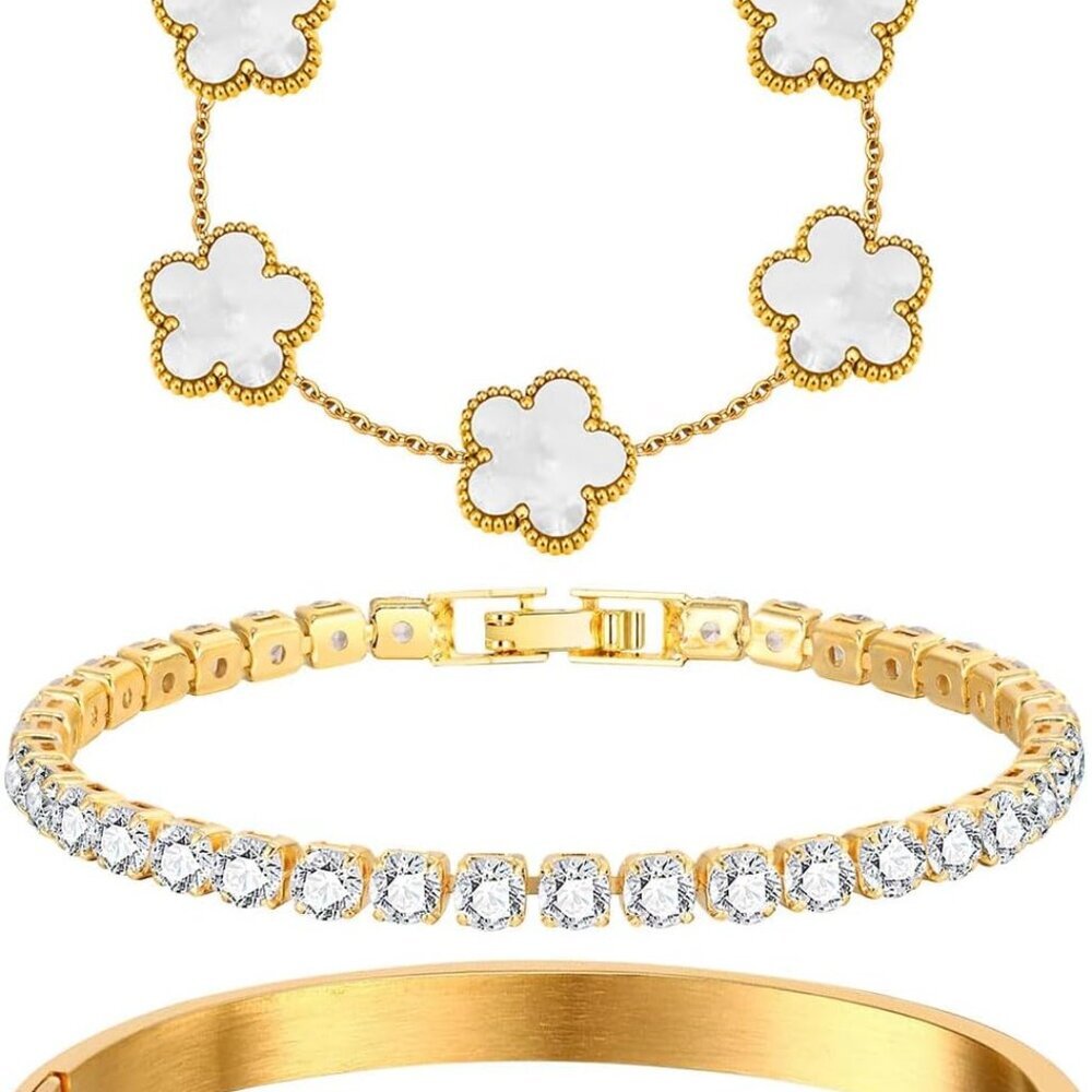 Womens Stackable Floral Gold Bracelets - 3Pcs 18K Gold Plated Bracelet,Stainless